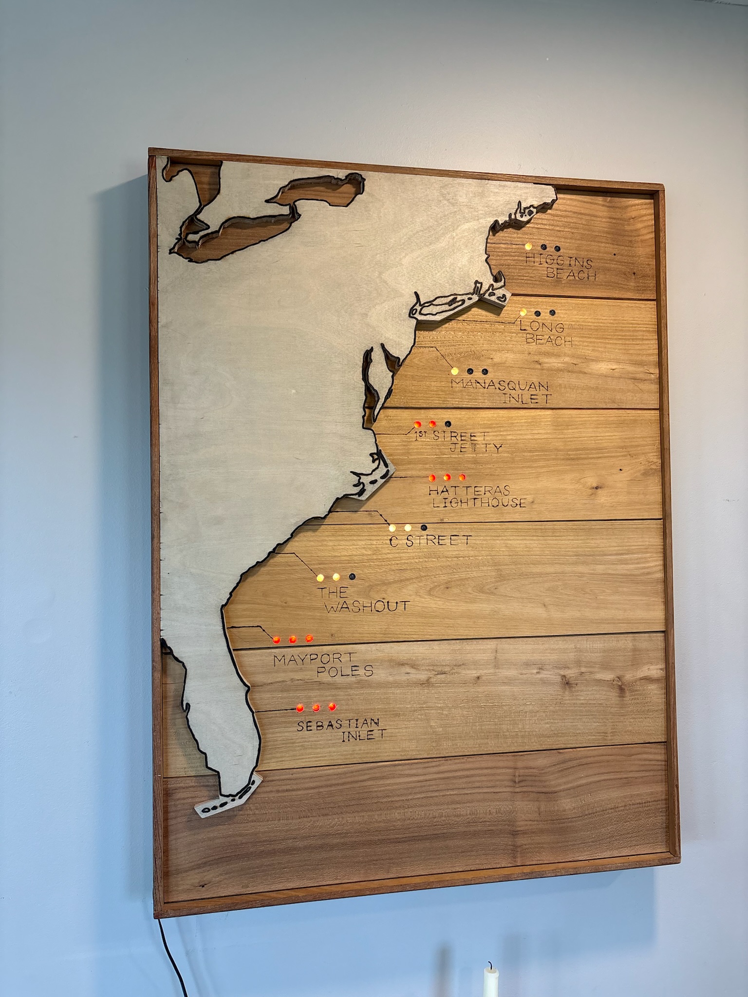 A finished East Coast TernMap on the wall with its LEDs lit.